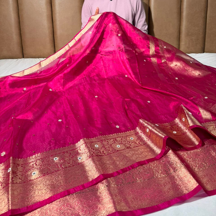 Rani Pink Kora Tissue Handwork Buta Saree