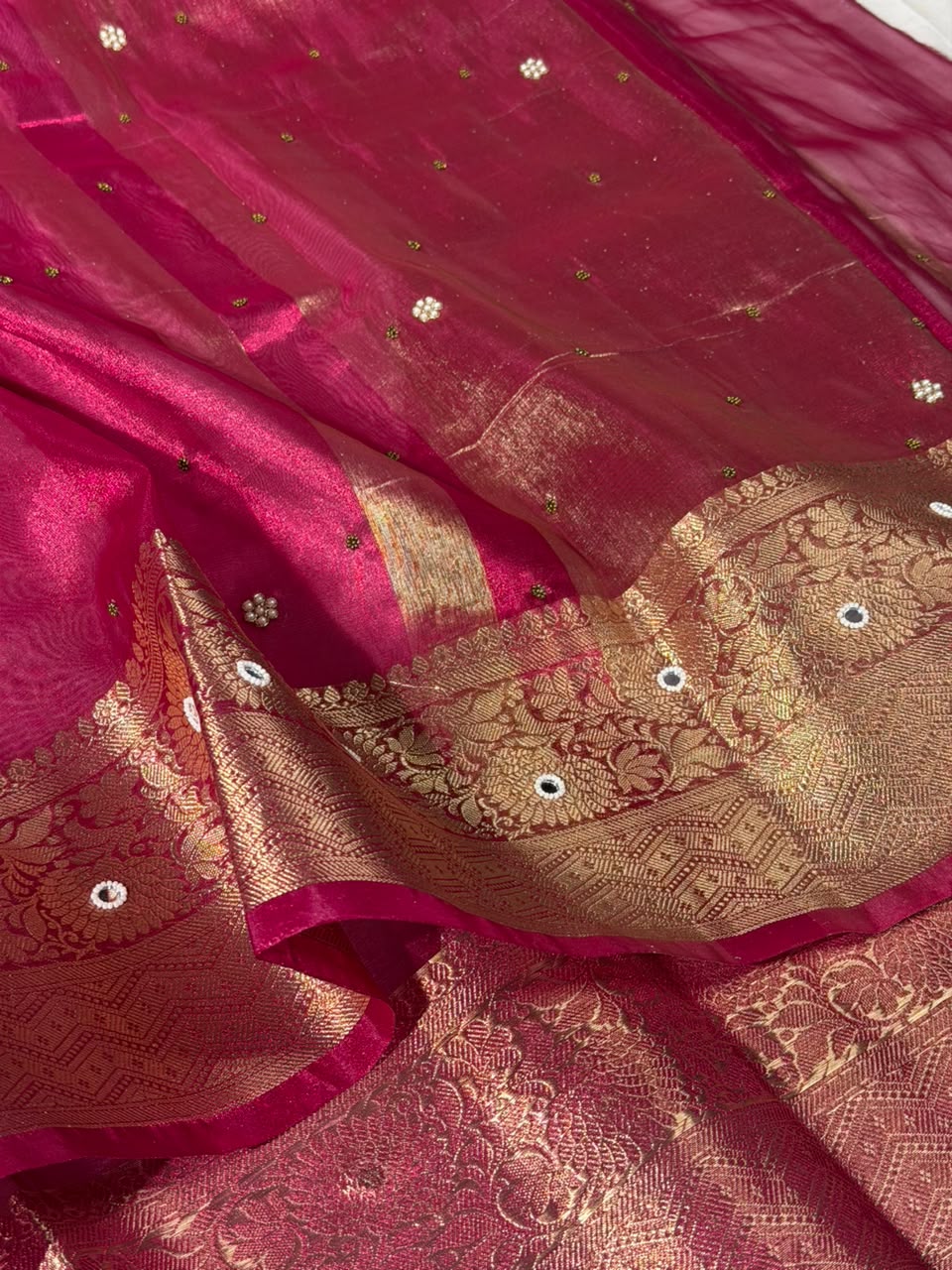 Rani Pink Kora Tissue Handwork Buta Saree