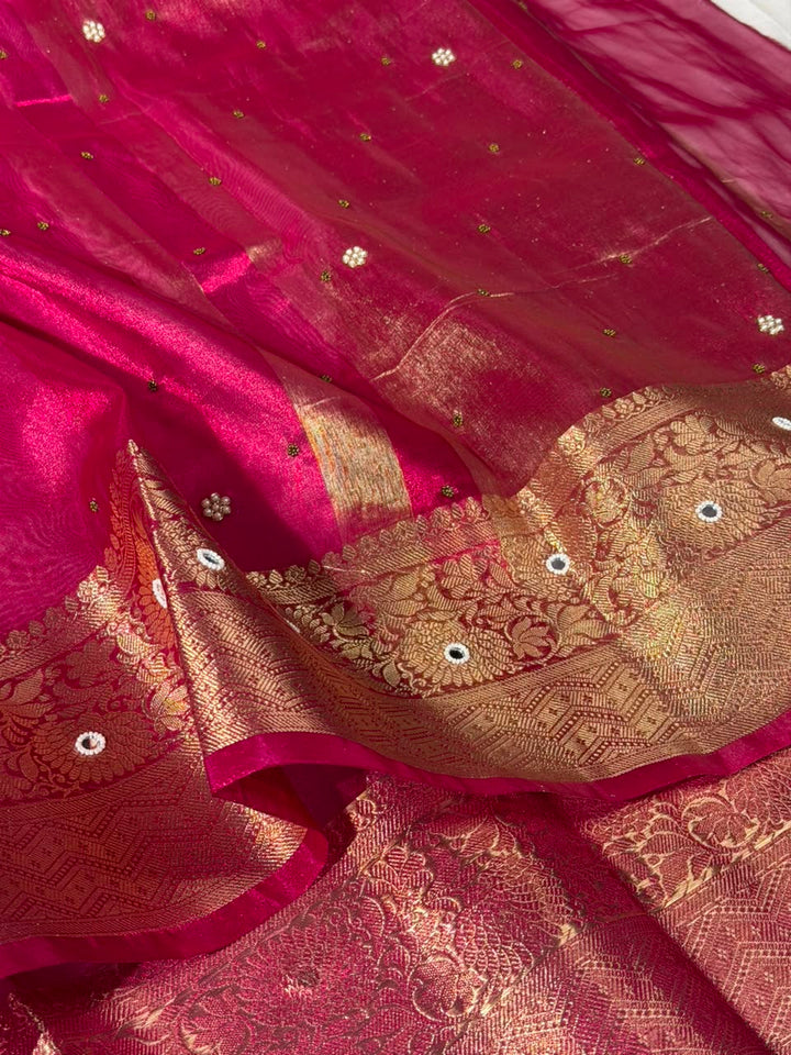 Rani Pink Kora Tissue Handwork Buta Saree