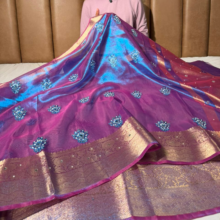 Cobalt Blue Kora Tissue Handwork Buta Saree 