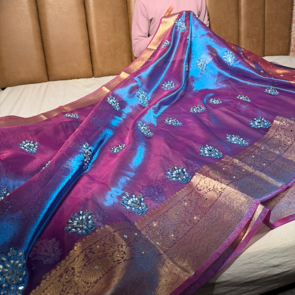 Cobalt Blue Kora Tissue Handwork Buta Saree 