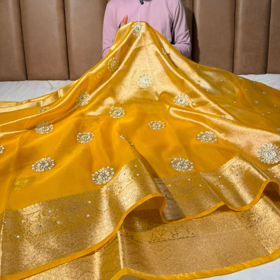Metallic Yellow Kora Tissue Handwork Buta Saree 