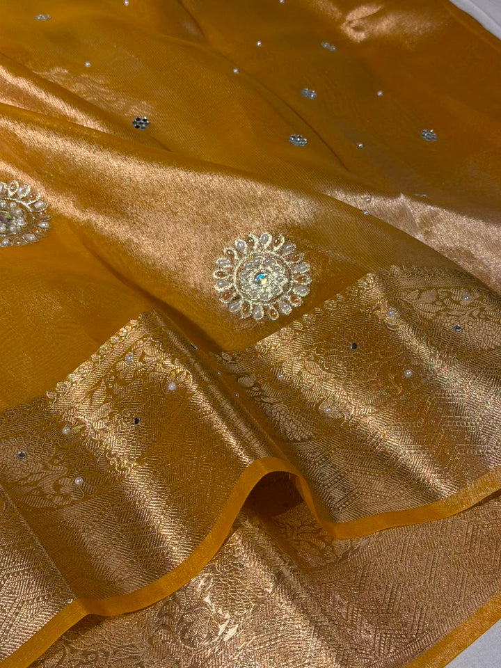 Metallic Yellow Kora Tissue Handwork Buta Saree 