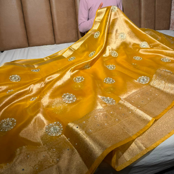 Metallic Yellow Kora Tissue Handwork Buta Saree 
