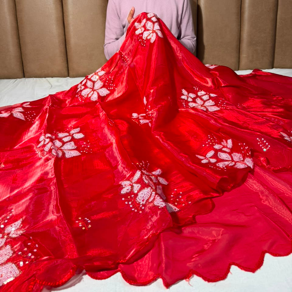 Bright Red Shimmery Tissue Sequins Buta Saree 