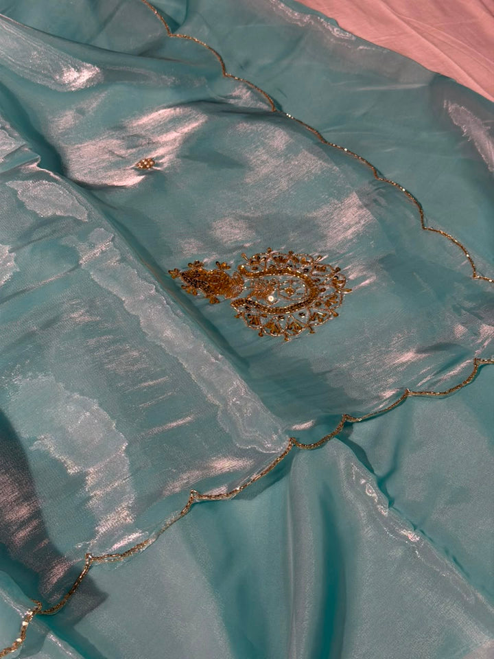 Firozi Shimmery Tissue Handwork Buta Saree