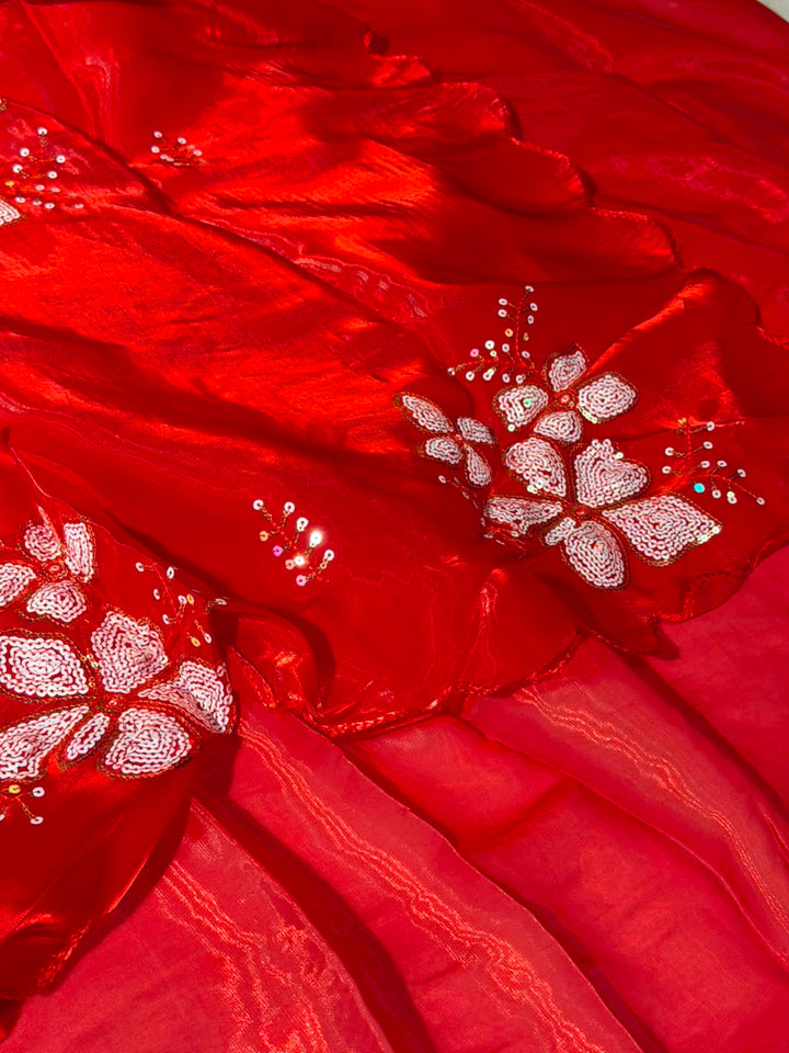 Bright Red Shimmery Tissue Sequins Buta Saree 