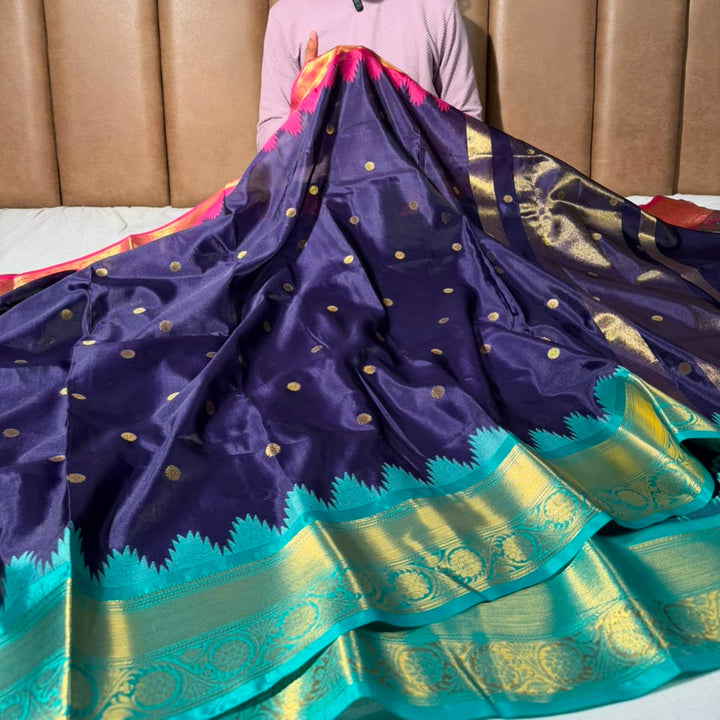 Ouda Blue Soft Banarasi Silk Temple Border Saree 