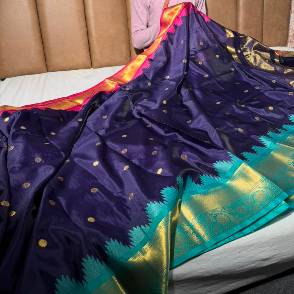 Ouda Blue Soft Banarasi Silk Temple Border Saree