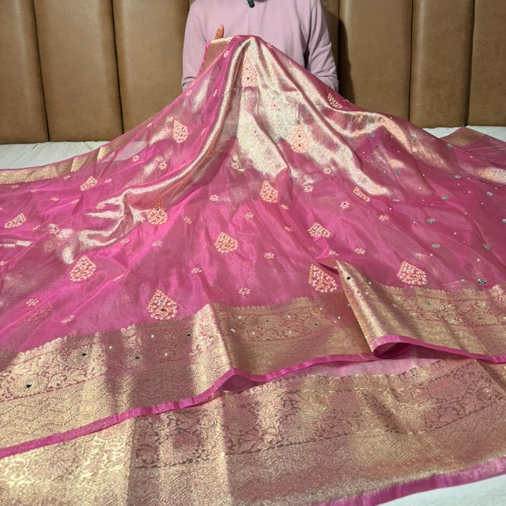 Barbie Pink Kora Tissue Handwork Buta Saree