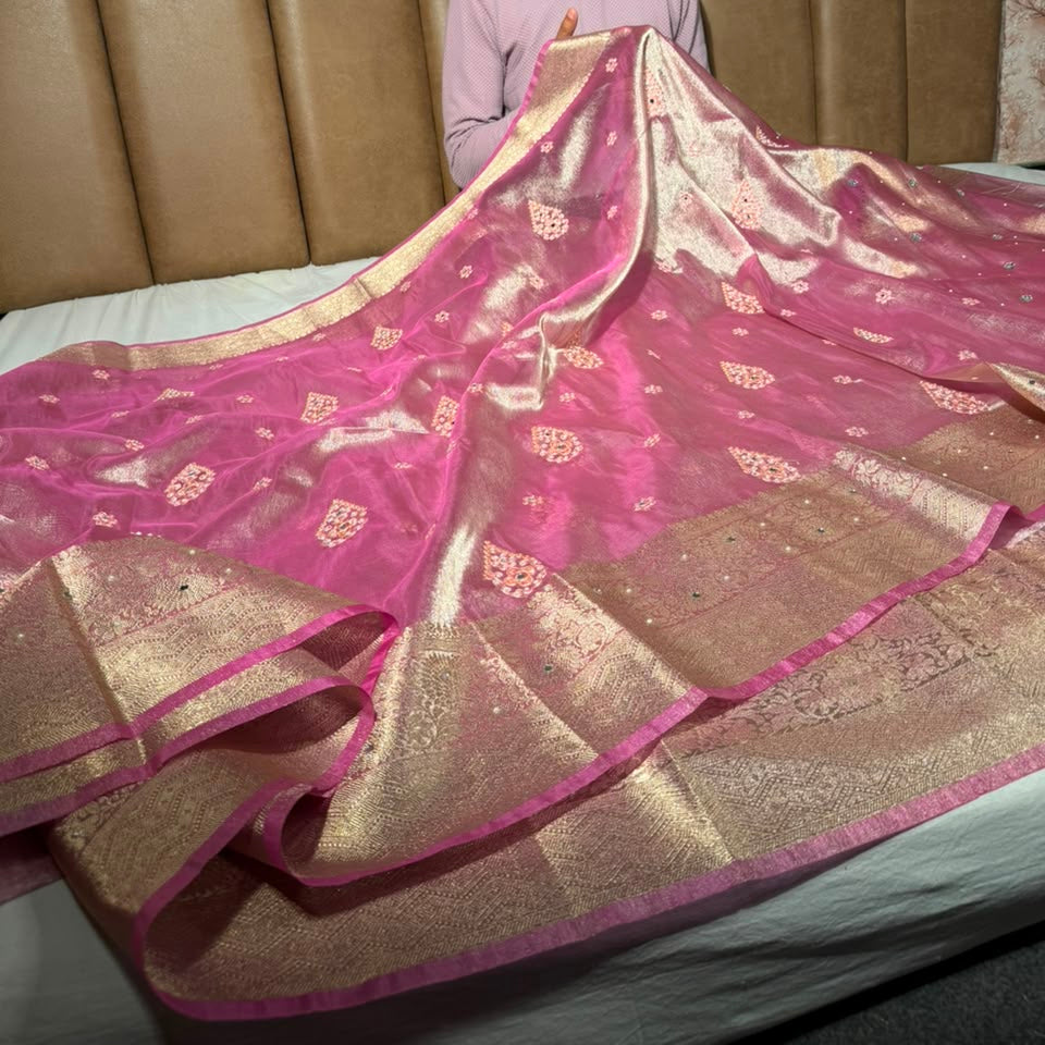 Barbie Pink Kora Tissue Handwork Buta Saree