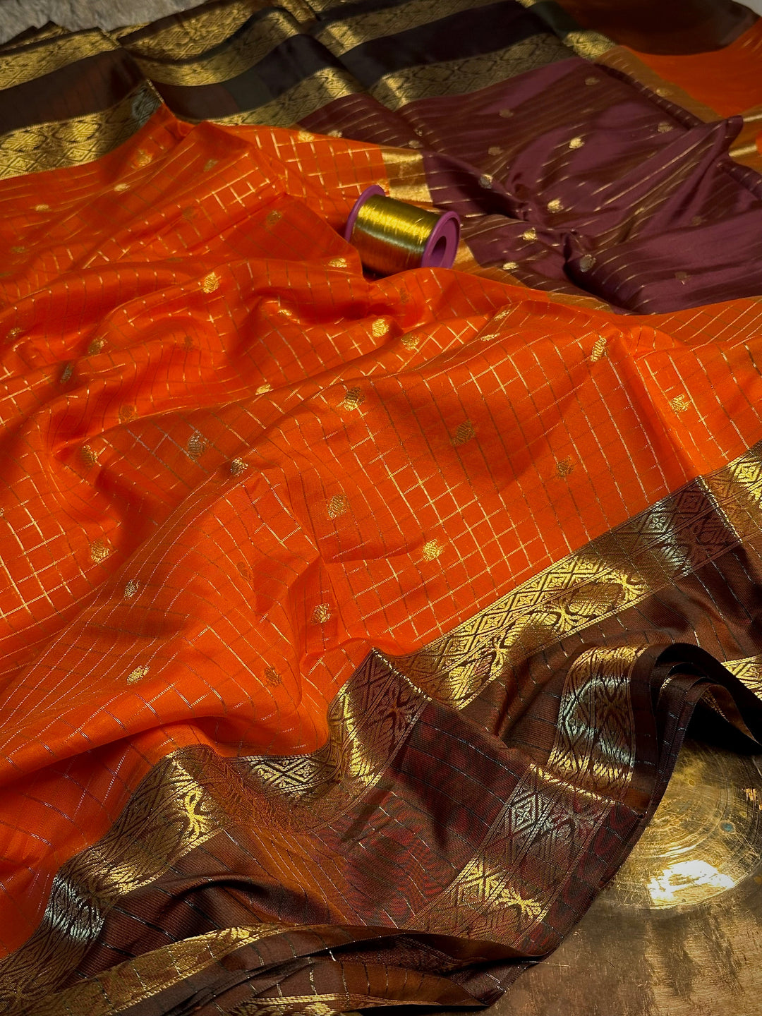 Orange Buti Checks Cotton Banarasi Saree