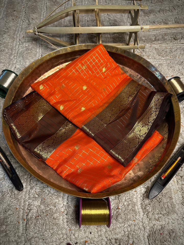Orange Buti Checks Cotton Banarasi Saree