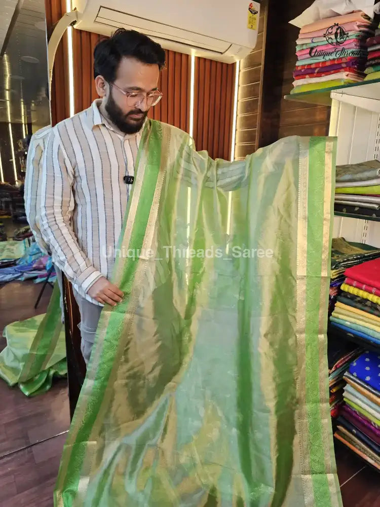 Parrot Green Celebrity Inspired Tissue Silk Banarasi Saree