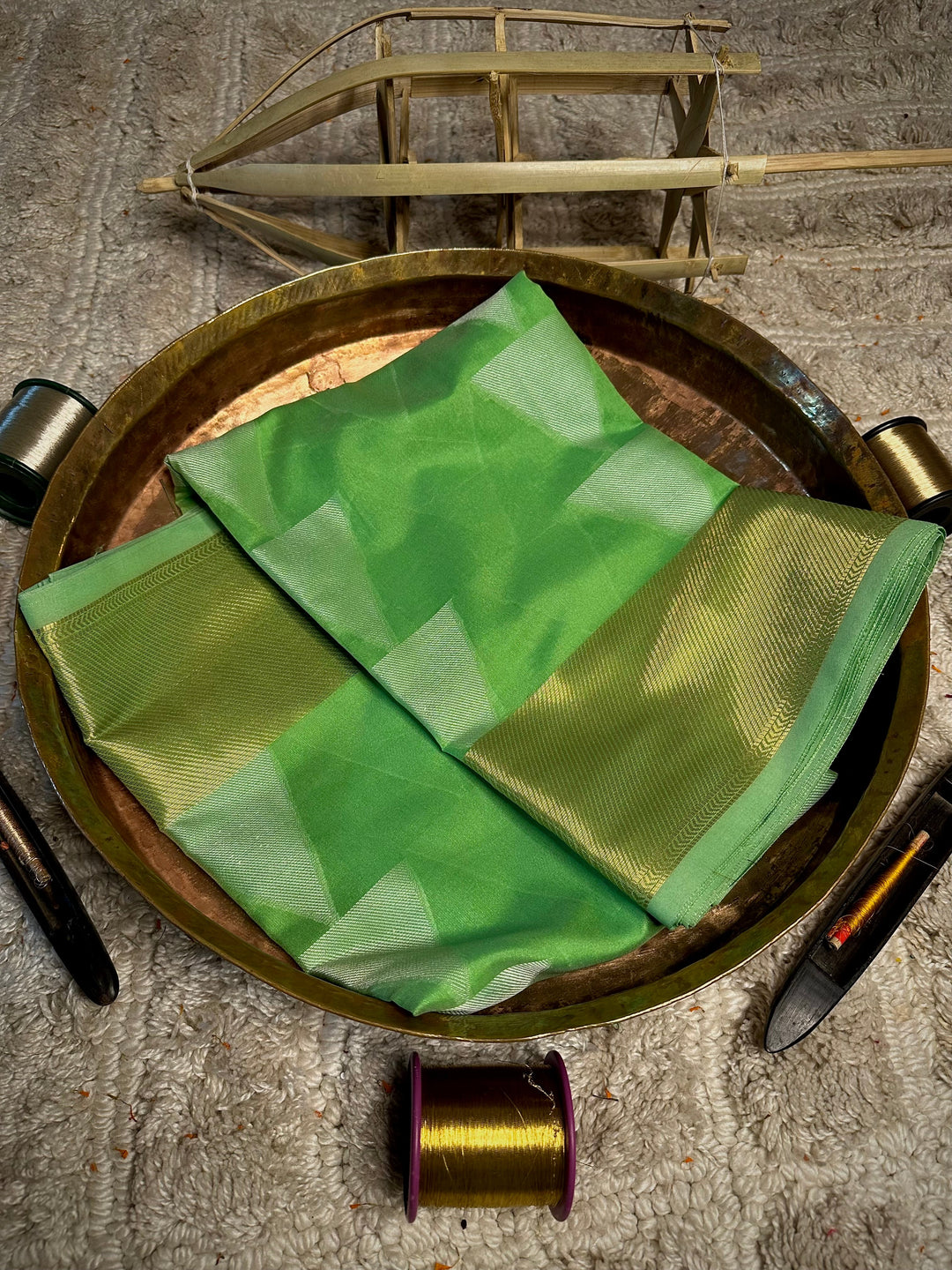Parrot Green Temple Buta Cotton Banarasi Saree