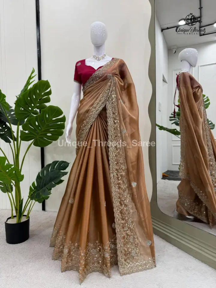 Pastel Brown Shimmery Silk Designer Saree