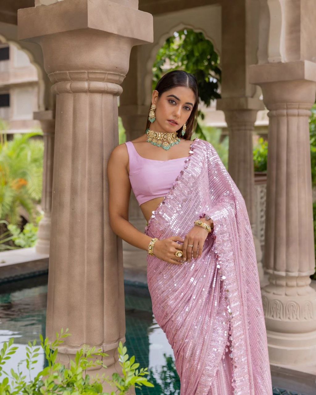 Glossy Baby Pink Colour Designer Bollywood Saree