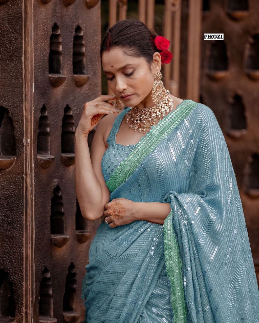 Ankita Mam Inspired Light Blue Colour Designer Bollywood Saree