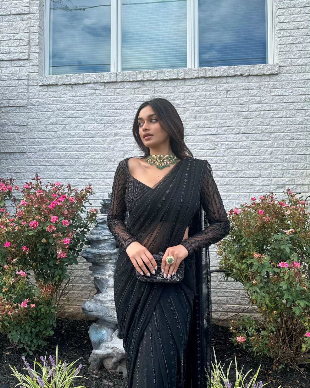 Black Designer Saree in Matt Finish