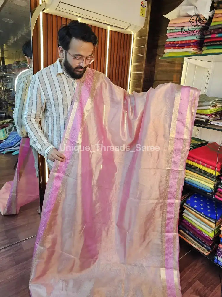 Pink Celebrity Inspired Tissue Silk Banarasi Saree