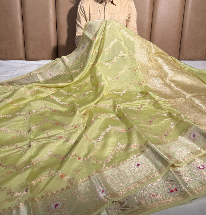 Pista Meenakari Weave Chinia Silk Banarasi Saree