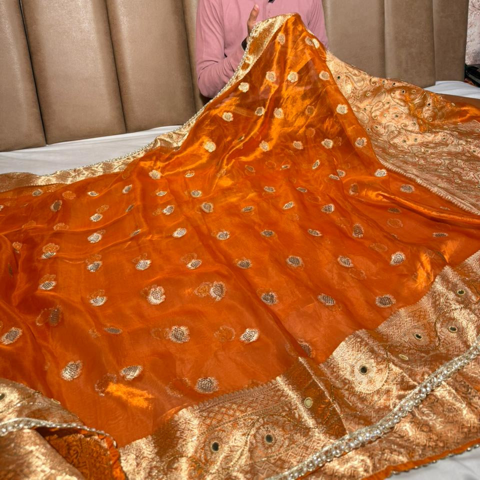 Metallic Orange Pure Tissue Silk Handwork Banarasi Saree