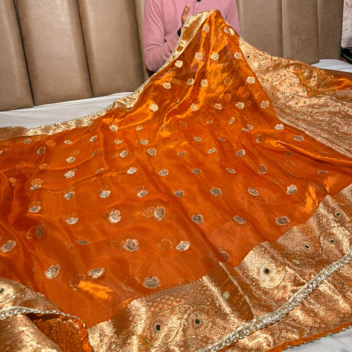 Metallic Orange Pure Tissue Silk Handwork Banarasi Saree