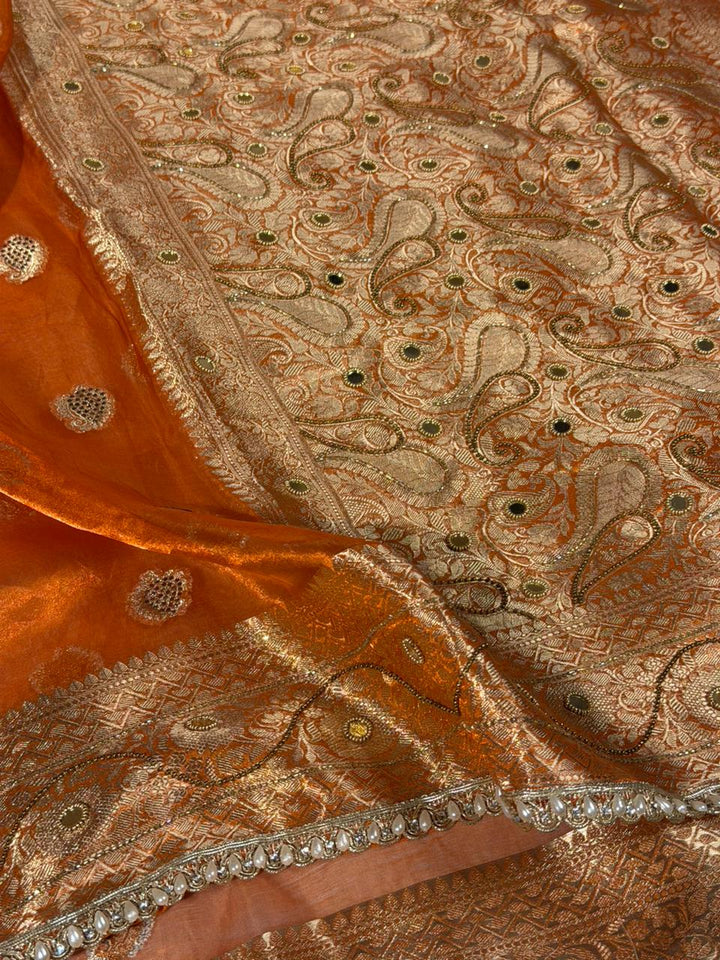Metallic Orange Pure Tissue Silk Handwork Banarasi Saree