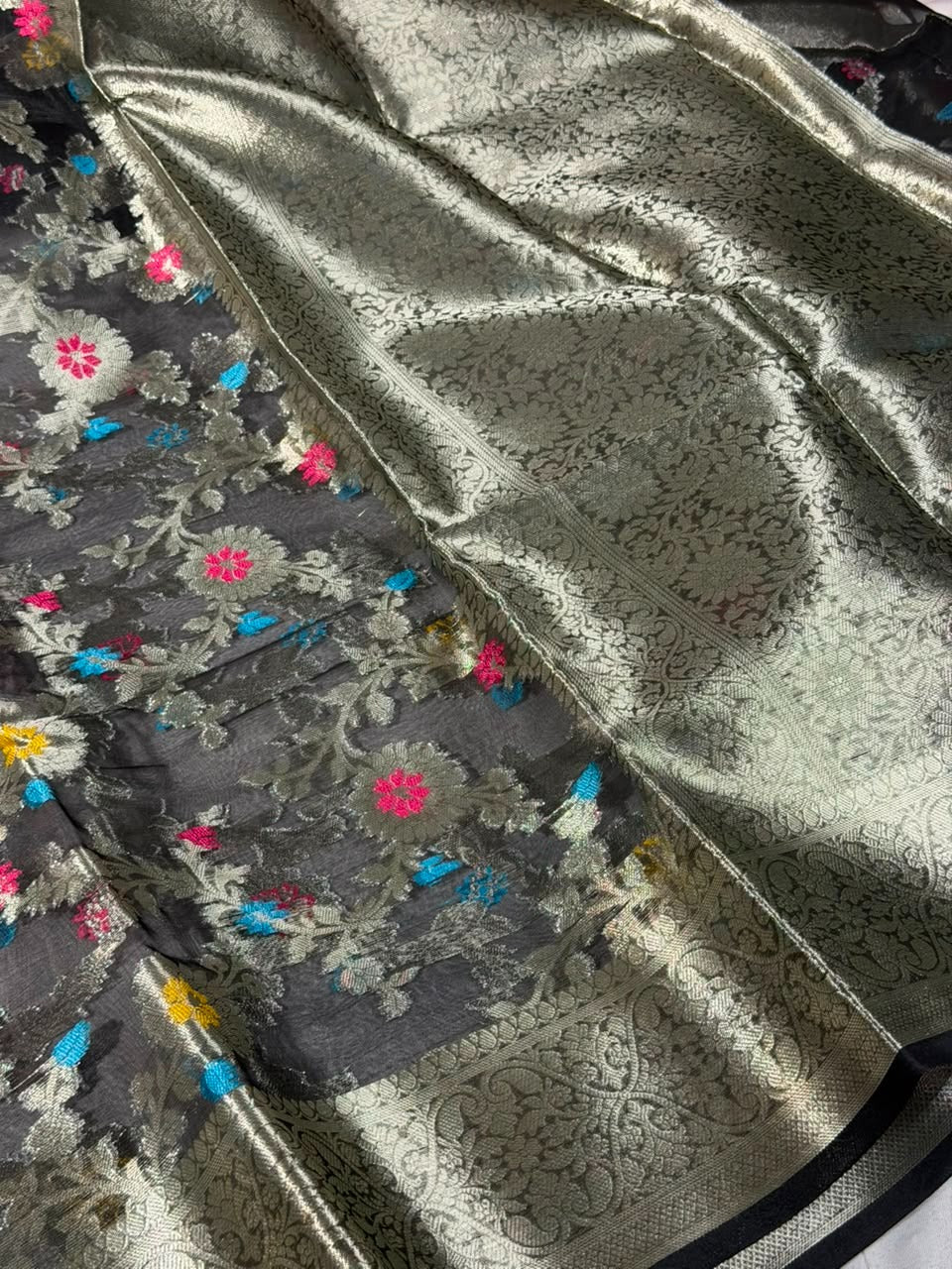 Jet Black Meenakari Floral Organza Banarasi Saree