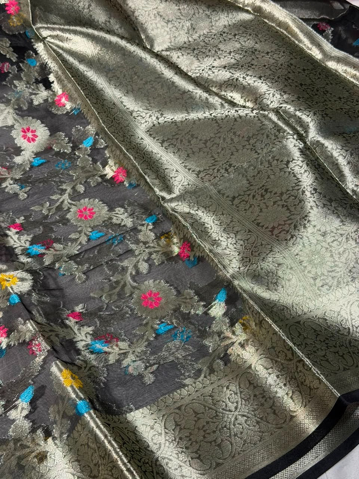 Jet Black Meenakari Floral Organza Banarasi Saree
