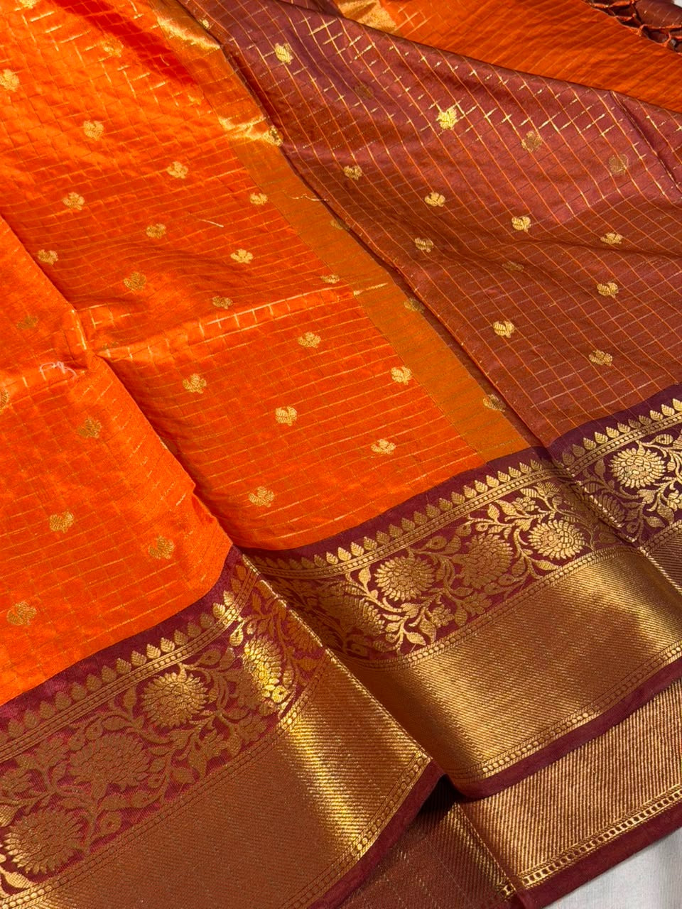 Bright Orange Checkered Buti Softsilk Banarasi Saree