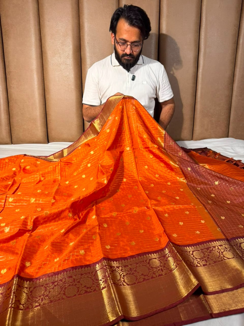 Bright Orange Checkered Buti Softsilk Banarasi Saree