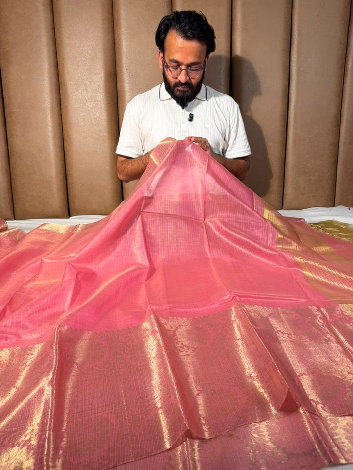 Light Pink Checks Weave Kota Banarasi Saree
