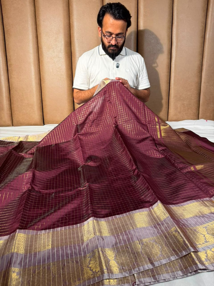 Pretty Wine Checks Weave Softsilk Banarasi Saree