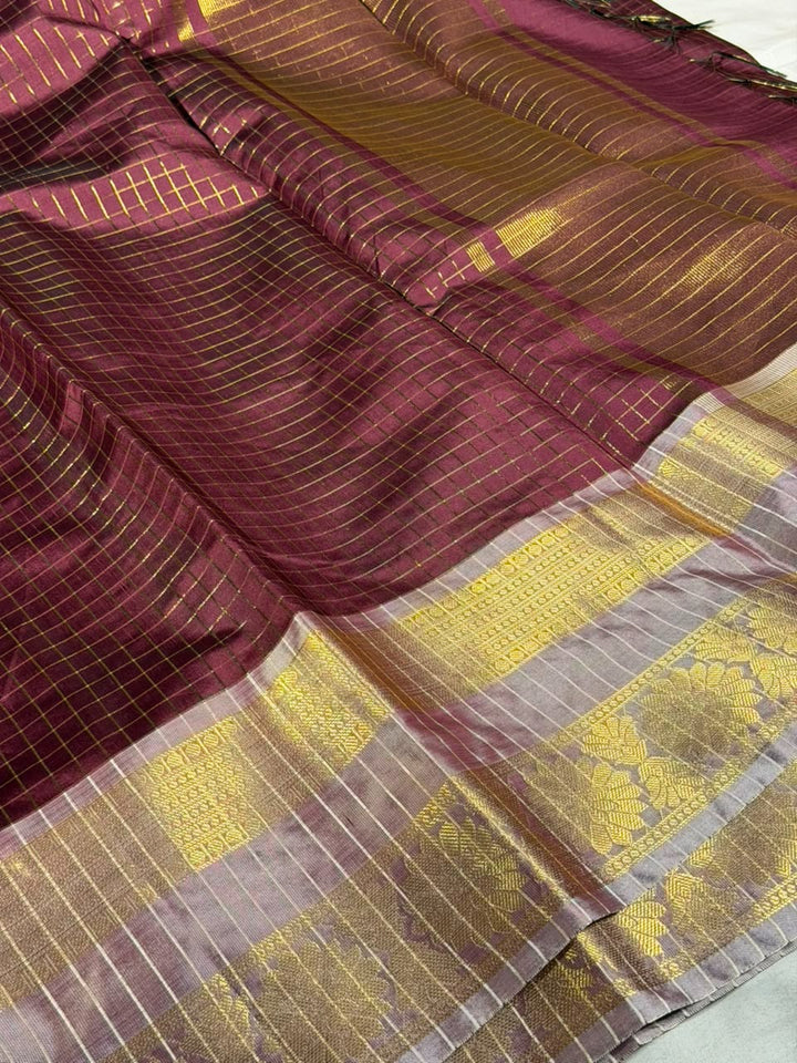 Pretty Wine Checks Weave Softsilk Banarasi Saree