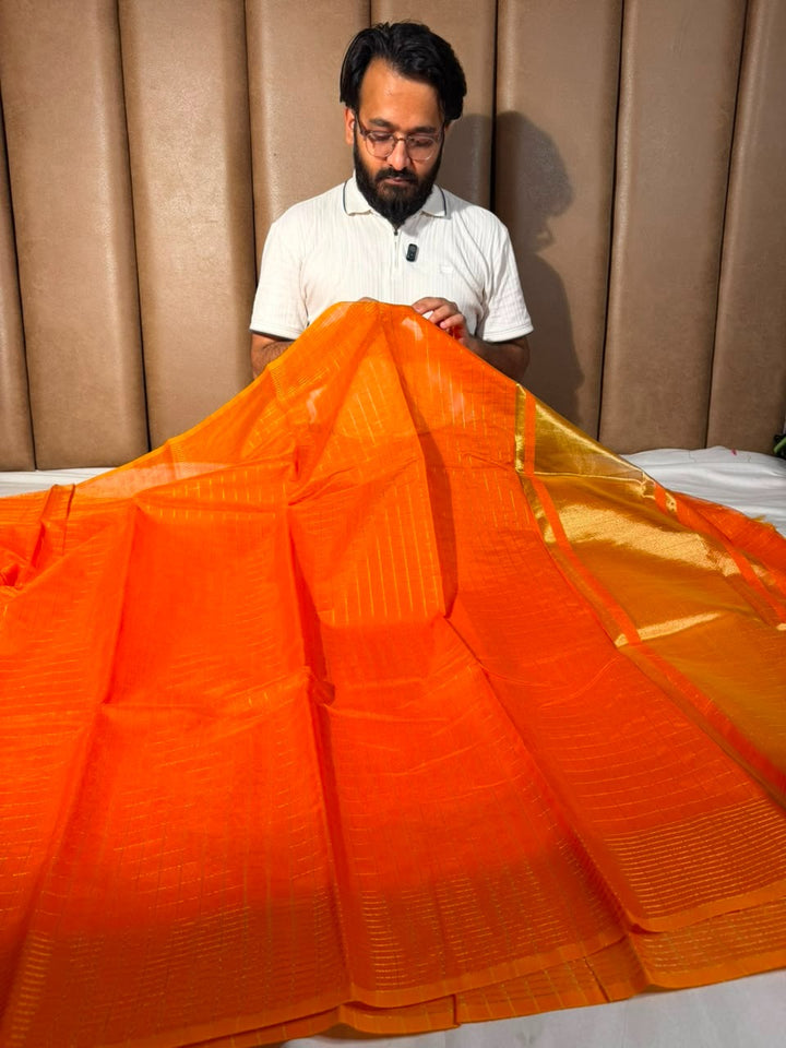 Bright Orange Checks Weave Cotton Banarasi Saree
