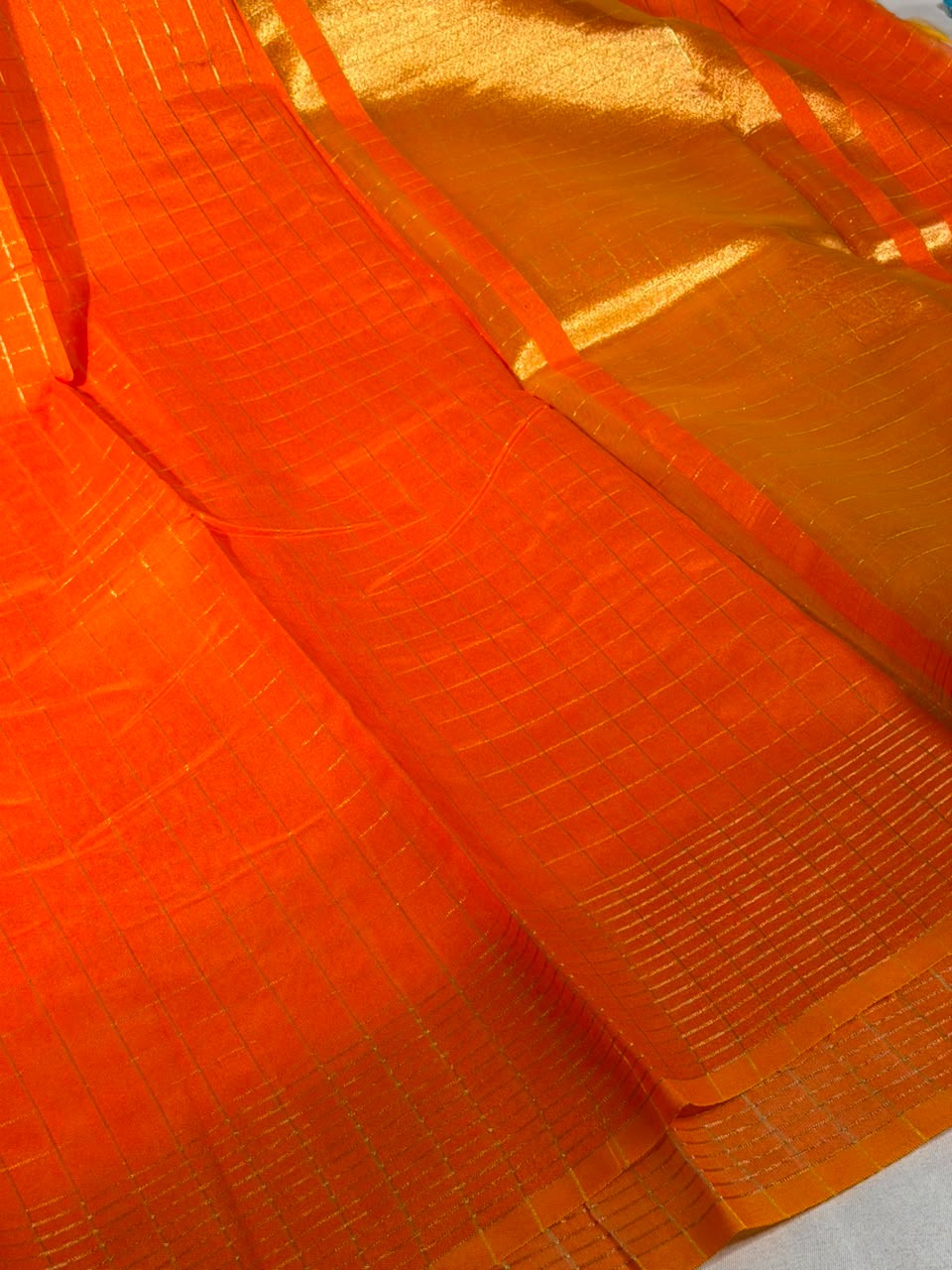 Bright Orange Checks Weave Cotton Banarasi Saree