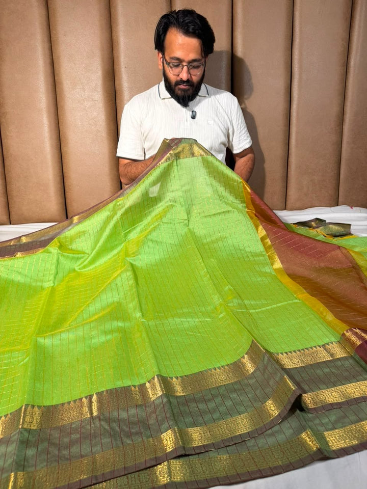 Parrot Green Checks Soft Cotton Banarasi Saree