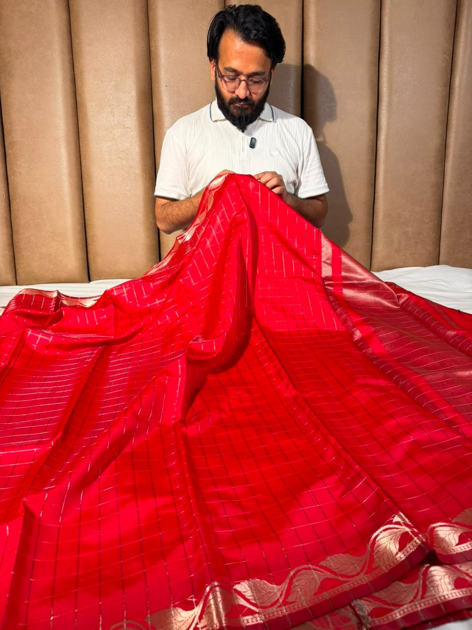 Bright Red Checks Weave Softsilk Saree