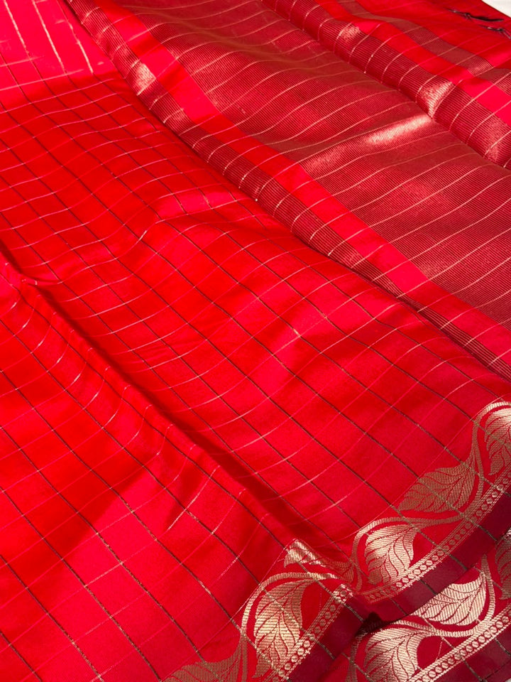 Bright Red Checks Weave Softsilk Saree