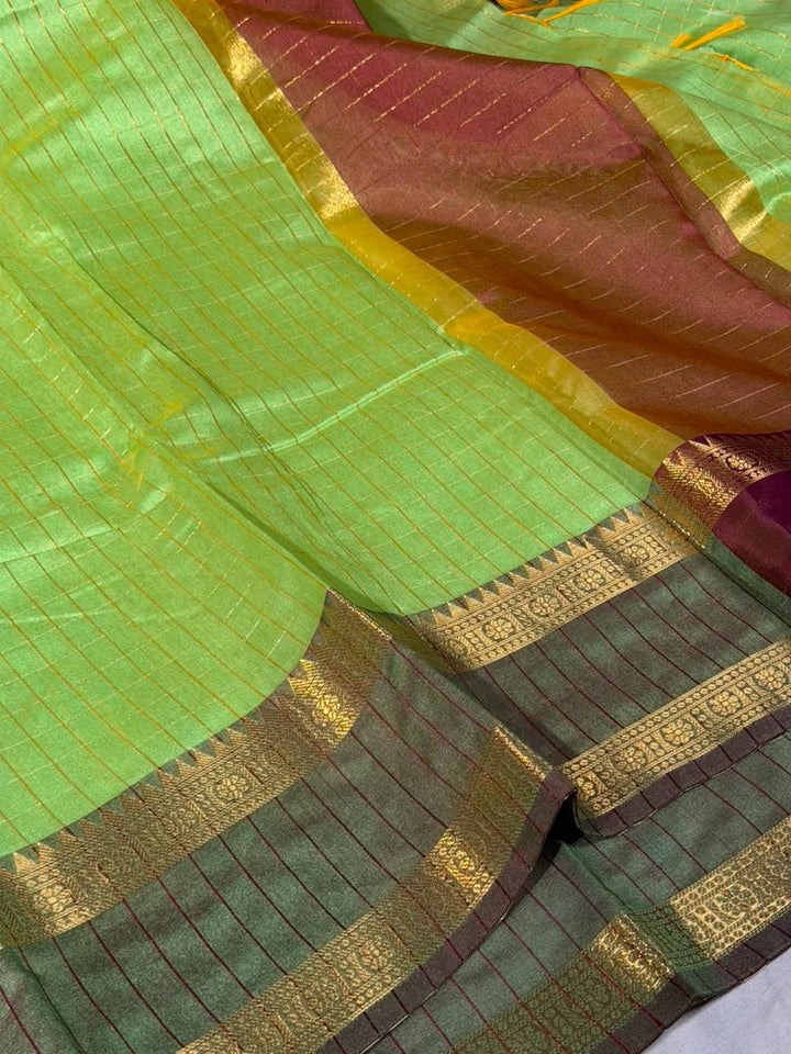 Parrot Green Checks Soft Cotton Banarasi Saree