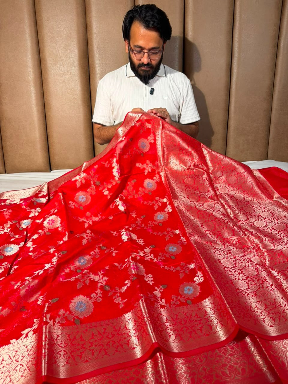 Bright Red Meenakari Floral Organza Banarasi Saree