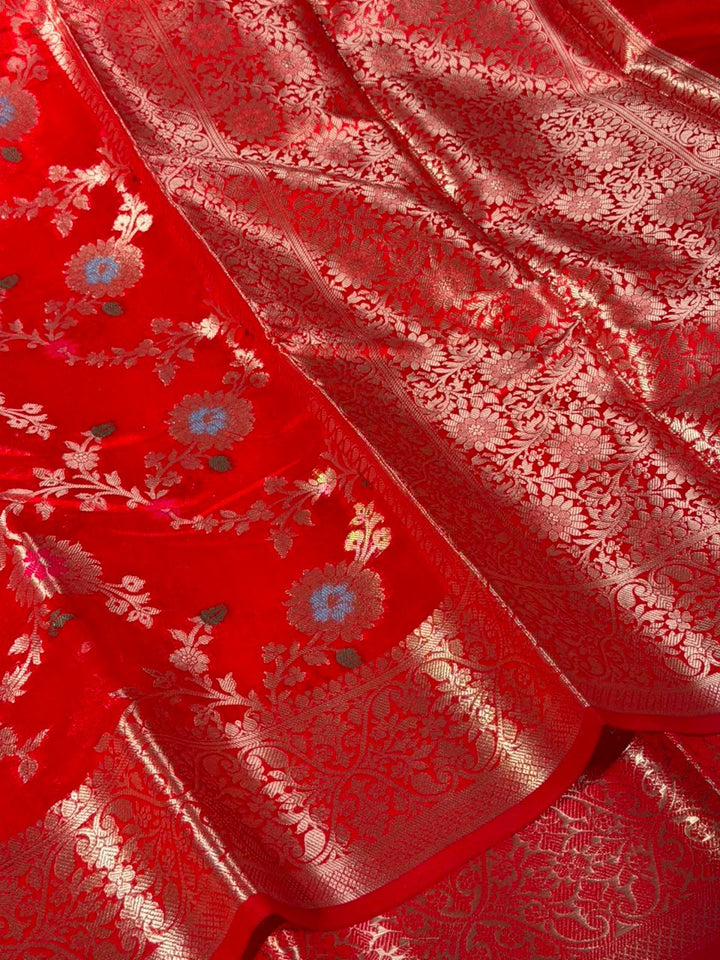 Bright Red Meenakari Floral Organza Banarasi Saree