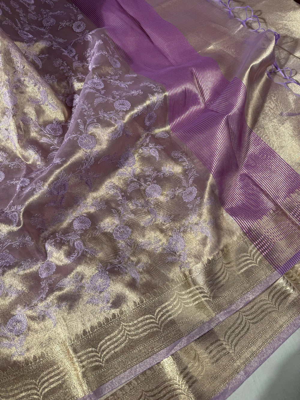premium Lavender shade banarasi tissue saree with rich chikankari work