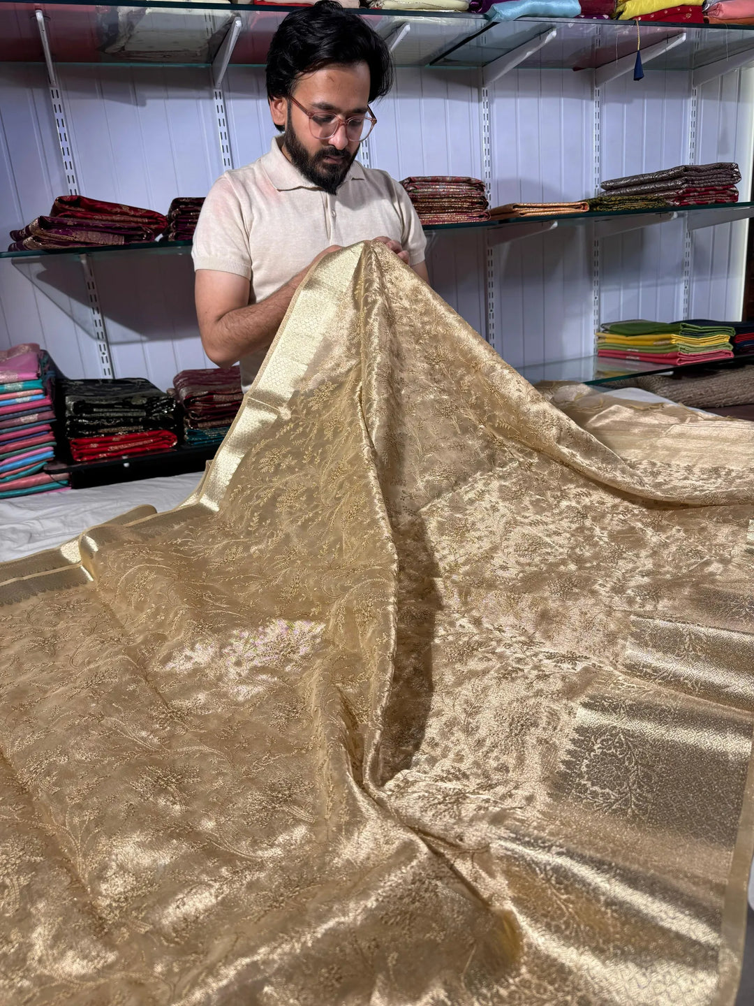 premium banarasi tissue saree with rich chikankari work yet lightweight