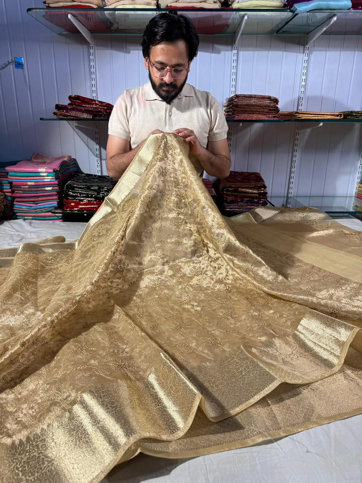 premium banarasi tissue saree with rich chikankari work yet lightweight