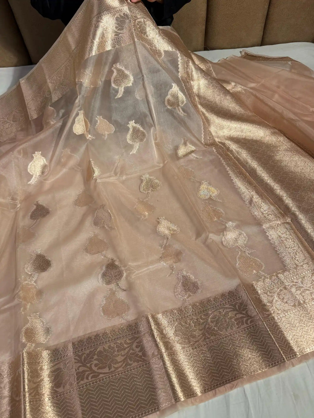 premium banarasi organza silk saree with leaf design in almond gold zari and rich pallu