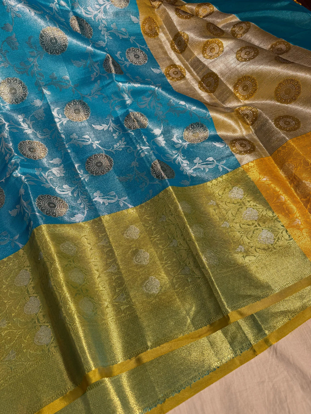 premium banarasi sky blue tissue silk saree with rich pallu and blouse