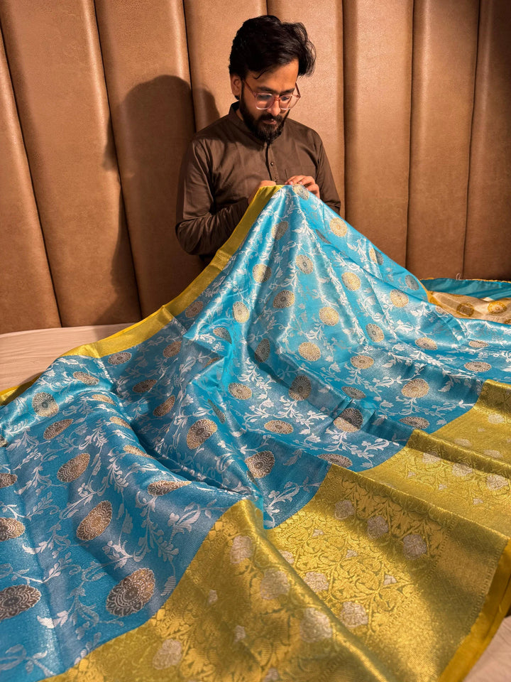 premium banarasi sky blue tissue silk saree with rich pallu and blouse