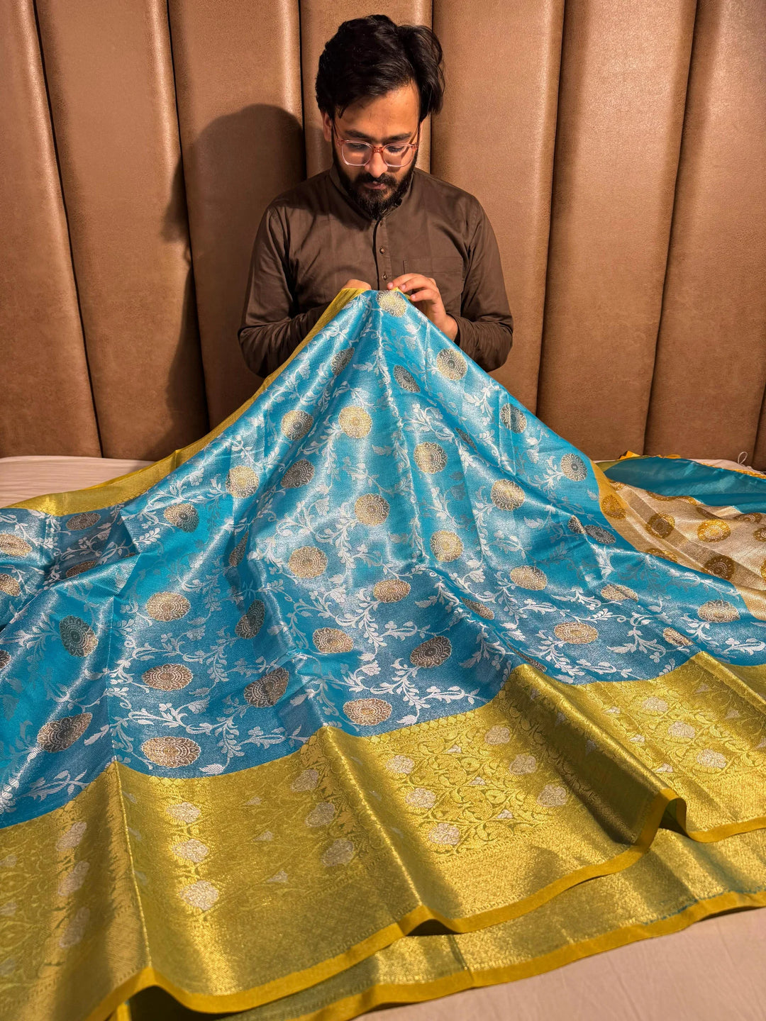 premium banarasi sky blue tissue silk saree with rich pallu and blouse